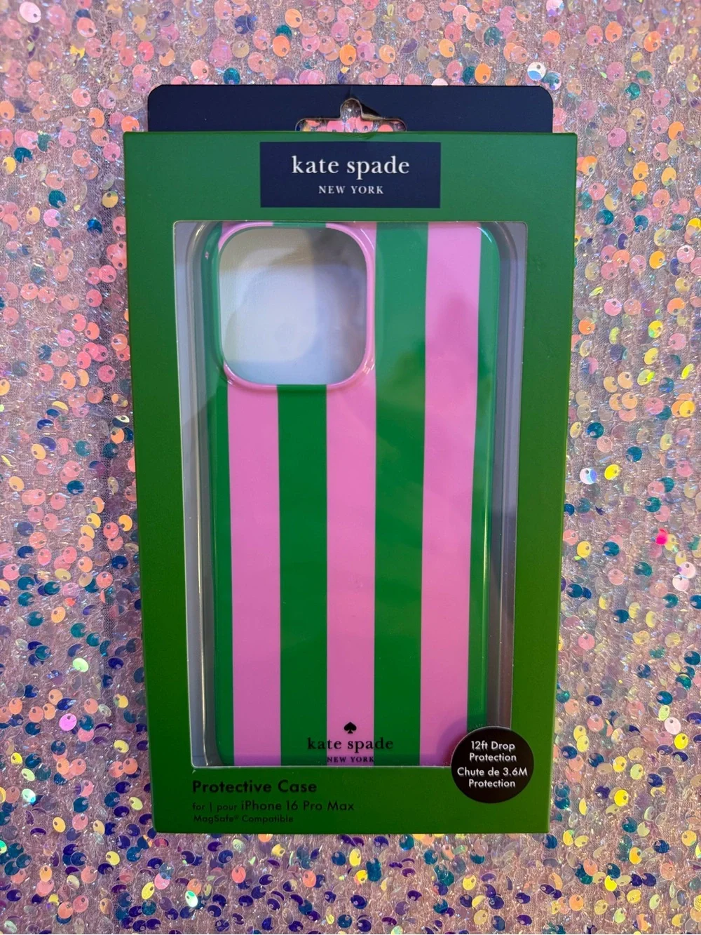 kate spade iPhone 16 Pro Max Protective Case - Pink/Green Vertical Stripes - NWT